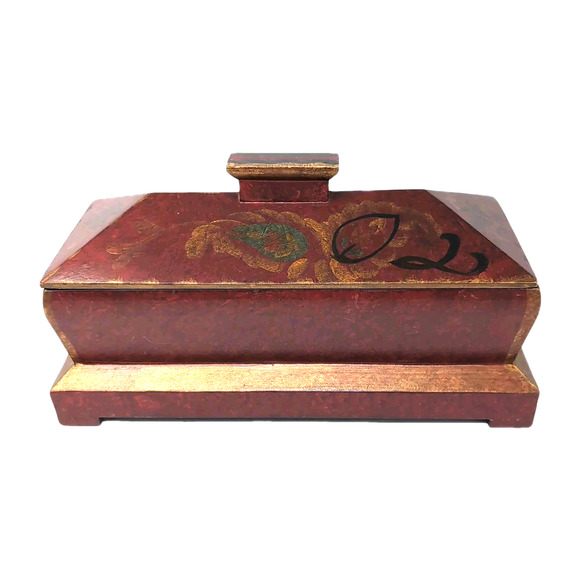 Pier 1 Imports Decorative Wooden Box w/ Lid Red Gold Hand-Painted Mantel Dresser - Picture 2 of 16